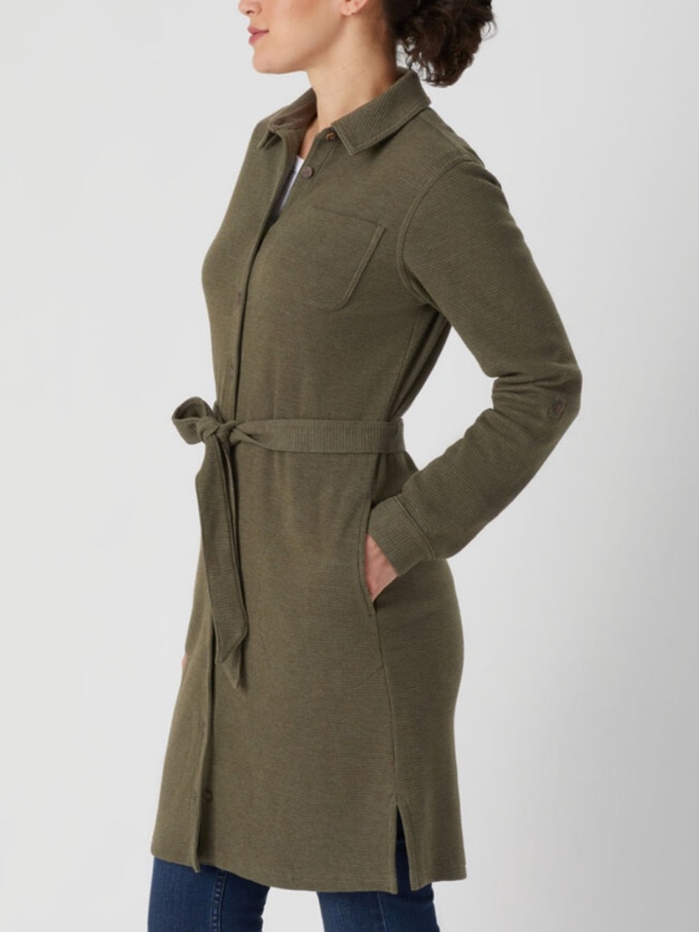 DULUTH TRADING Waffle Weave Olive Green Belted Shirt Dress